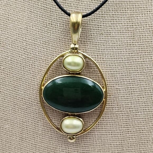 Vintage Sajen Sterling Silver 925 Vermeil Jade/Nephrite Baroque Pearl Pendant - Picture 4 of 13